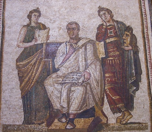 Virgilio e le due Muse Clio e Melpomene (con maschera): da Sousse, III-IV secolo