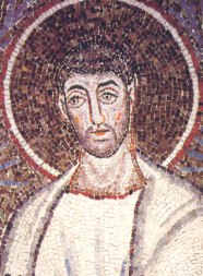 San Cipriano da Cartagine, Mosaico bizantino del VI sec. particolare della Processione dei Martiri, Ravenna, Basilica di Sant'Apollinare Nuovo