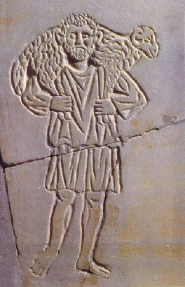 Graffito del Buon Pastore proveniente dalle catacombe di Sousse (Museo di Arte cristiana di Sousse)