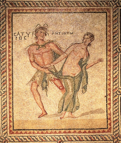 Mosaico da Pompei che illustra la scena di Antiope e il satiro=Zeus