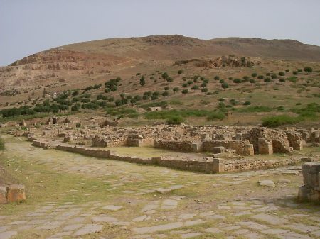 Gruppo di case a un incrocio del decumano: sullo sfondo lo Djebel Ribia