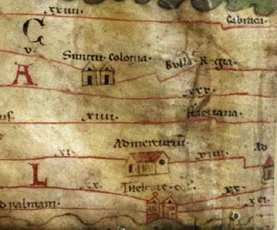 Particolare della mappa di Peutinger con l'indicazione di Bulla Regia