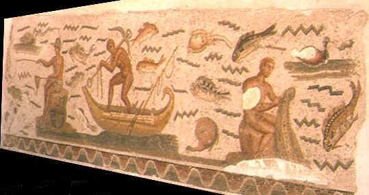 Mosaico con diverse scene di pesca