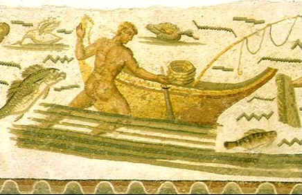 Mosaico che raffigura tre scene di pesca