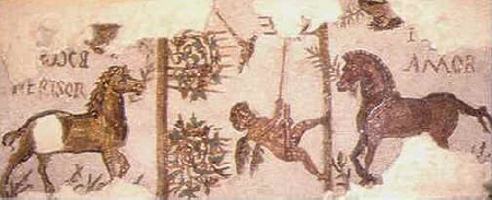 Mosaico che raffigura quattro cavalli appartenenti a quattro diverse squadre del circo