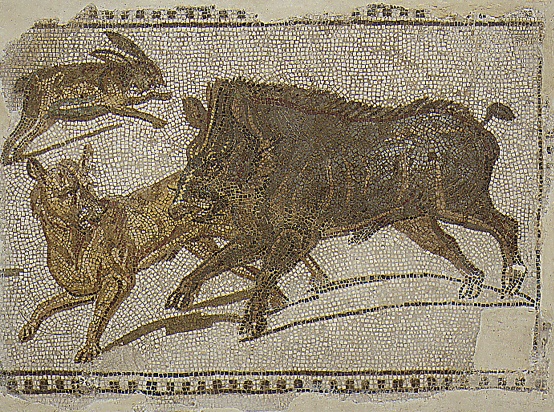 Frammento di mosaico nilotico dove si può ammirare una scena di caccia alla lepre e al cinghiale