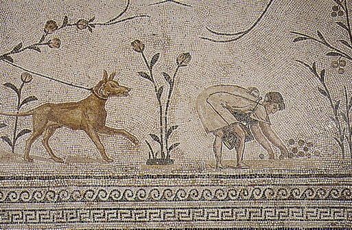 Raccoglitore di frutti con un cane di guardia, mosaico al Museo del Bardo