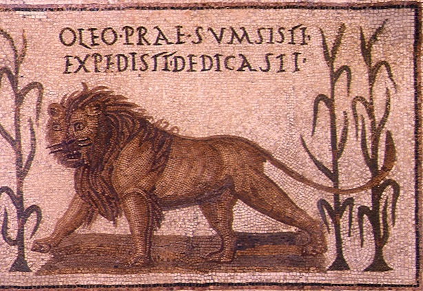 Mosaico con uno splendido leone a cui è riferita la dedica