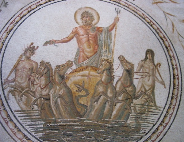 Il dio Nettuno esce dal mare con la sua biga, mosaico al Museo del Bardo