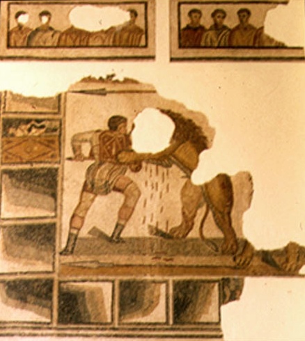 Venator in lotta con un leone in un combattimento al circo, mosaico da Thelepte ora al Museo del Bardo