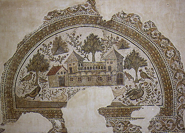 Mosaico di una villa romana con giardino alberato e animali domestici al Museo del Bardo