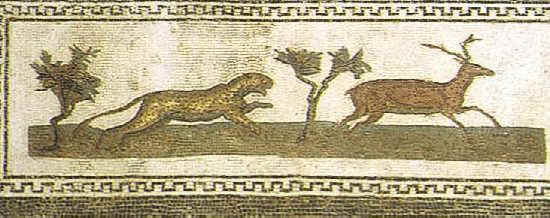 Mosaico che raffigura una pantera che insegue un cervo