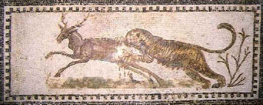 Mosaico con una tigre che sta divorando un cervo. L'opera è conservata al Museo del Bardo.
