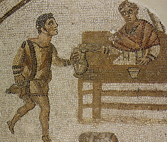 Scena di banchetto con servitore che mesce del vino, mosaico al Museo del Bardo