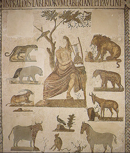 Citaredo sotto un albero in mezzo ad animali africani, al Museo del Bardo