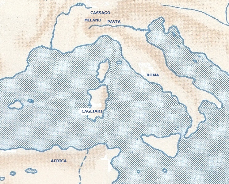 Il Mar Mediterraneo romano con i luoghi toccati da Agostino nei suoi viaggi in Italia