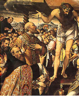 Agostino in ginocchio indica il torchio mistico (opera di Mainardi del 1594)