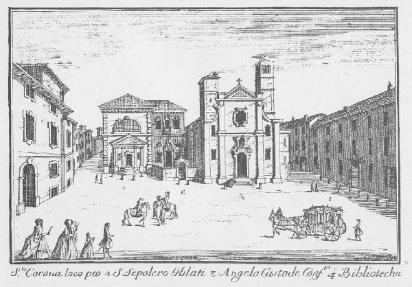 Stampa che raffigura la Biblioteca Ambrosiana e la chiesa di san Sepolcro