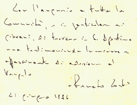 Annotazione autografa di mons. Renato Corti sul libro degli Ospiti dell'Associazione S. Agostino 