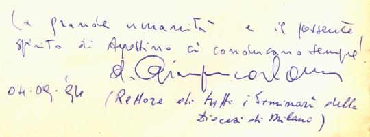 Annotazione autografa di mons. Enrico Poma sul libro degli Ospiti dell'Associazione S. Agostino 