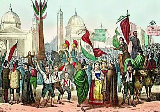 La Proclamazione della Repubblica Romana in Piazza del Popolo nel 1849 in una stampa di Rossetti del 1861