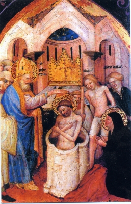  Battesimo di Agostino: tavola su legno di anonimo marchigiano conservata alla Pinacoteva Vaticana