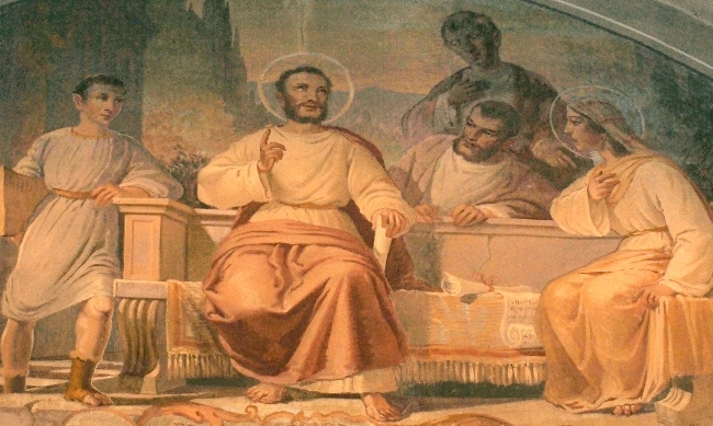 SScena del cenacolo agostiniano cassaghese in un dipinto di Fiorentino Vilasco nella cappella di sant'Agostino nella parrocchiale di Cassago
