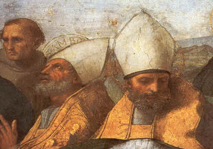 Agostino e Ambrogio in un particolare dell'affresco di Raffaello in Vaticano