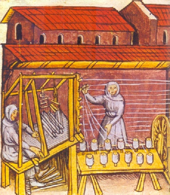 Umiliati al lavoro nella loro tessitura (miniatura del XIV sec.) 