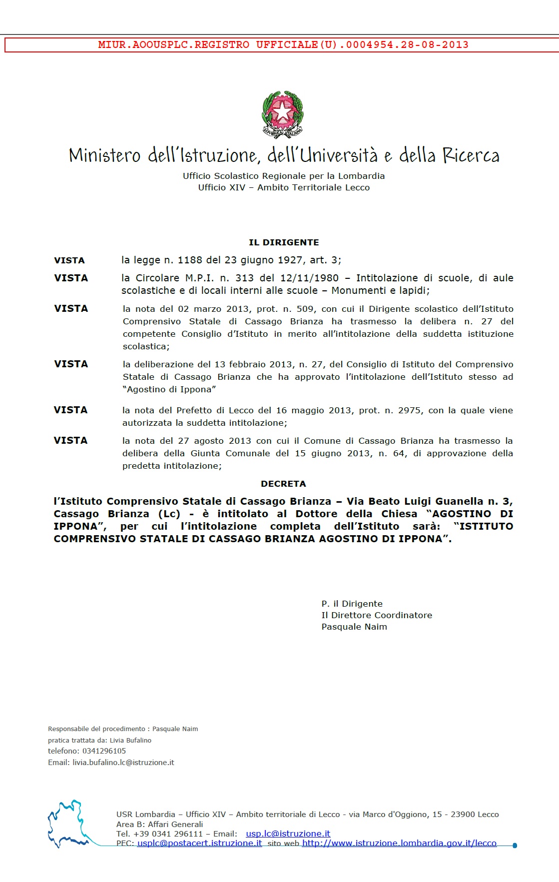 Decreto del MIUR datato 28 agosto 2013 con la titolazione dell'Istituto Comprensivo Agostino di Ippona