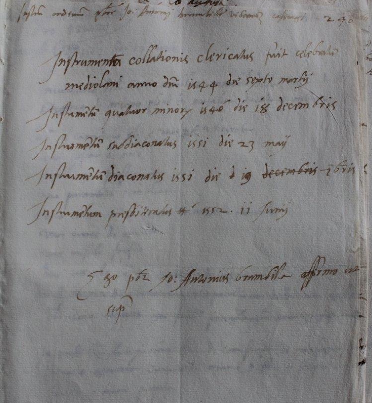 1552: instrumentum degli ordini sacri di Jo:Antonio Brambilla
