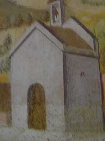 particolare di una chiesa in un affresco a Borno dei da Cemmo(1475)