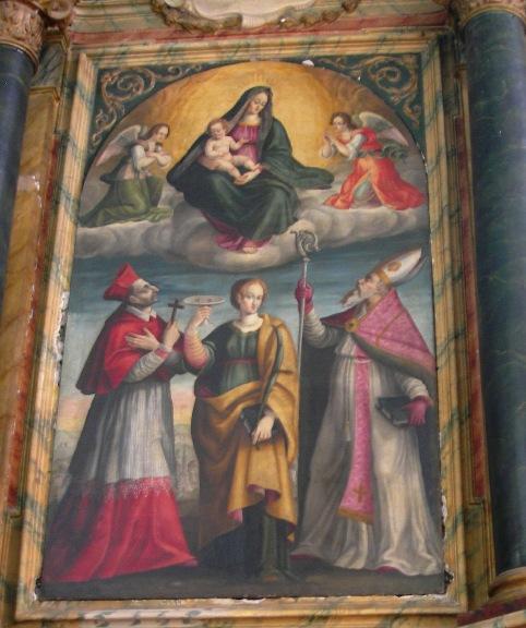 Norcia: san Carlo, sant'Agostino e Lucia ai piedi della Vergine