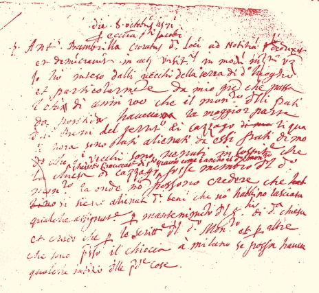 Il breve scritto del parroco don Antonio Brambilla relativo ai possedimenti di Pontida a Cassago