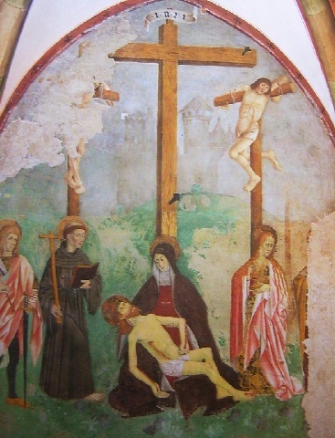 Affresco medioevale di Cristo ai piedi della Croce con la madre Maria