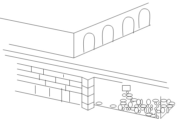 Ricostruzione della ubicazione del muro scoperto nel 2007 rispetto alle arcate seicentesche