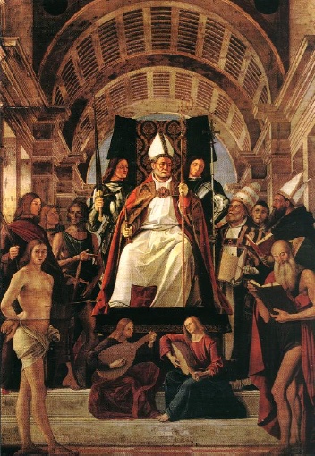  sant'Ambrogio in trono tra santi in una pala d'altare di Alvise Vivarini 