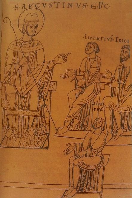 Agostino a Cassiciaco dialoga con i suoi amici: dal Manoscritto Contra Academicos, ms 1009, Biblioteca Nazionale di Vienna del XII secolo