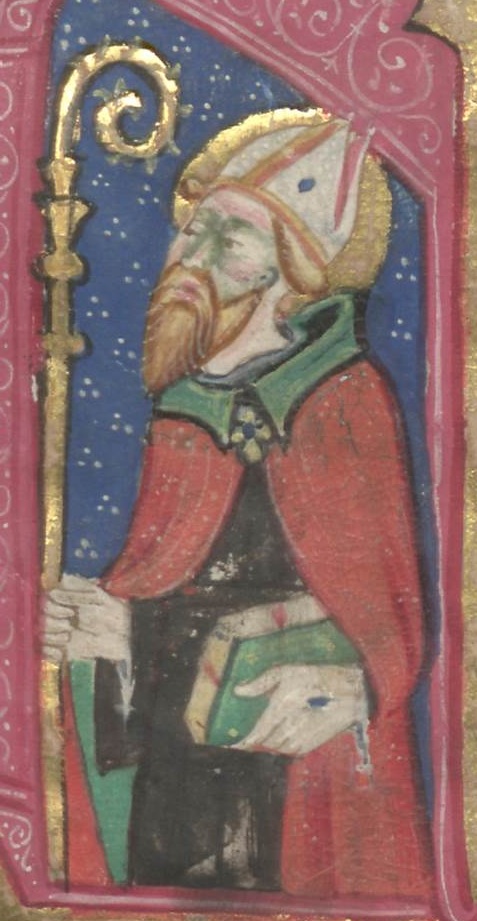 Capolettera miniato con i santi Ambrogio e Agostino, da Salterio Ambrosiano del sec. XV (1420), Biblioteca Ambrosiana, A 109 inf., f. 1r.