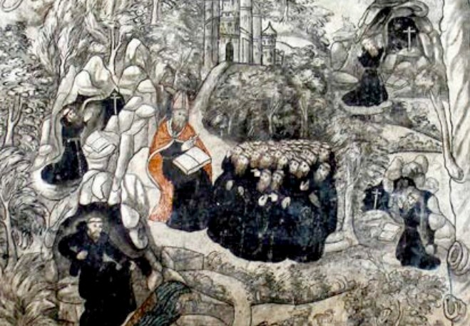 Agostino consegna la Regola nella cappella De profundis nel convento di S. Nicola da Tolentino ad Actopan in Messico