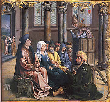 Agostino e Monica accolti da Ambrogio e ascoltano le sue predicazioni, nella Tavola di Jan van Scorel nella chiesa di Santo Stefano a Gerusalemme