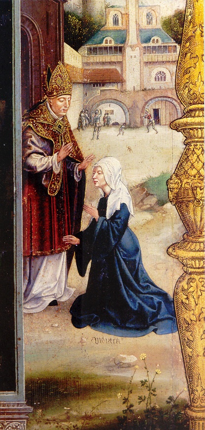 Monica consolata da un vescovo, nella Tavola di Jan van Scorel nella chiesa di Santo Stefano a Gerusalemme
