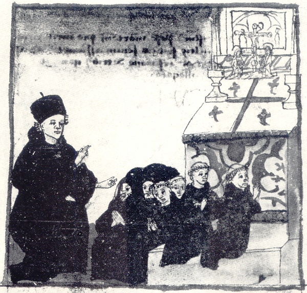 Agostino insegna agli amici ed ai monaci italiani, immagine tratta dalla Vita sancti Augustini