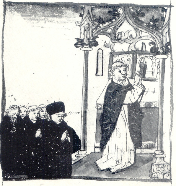 I monaci assistono alla messa dell'ora sesta, immagine tratta dalla Vita sancti Augustini