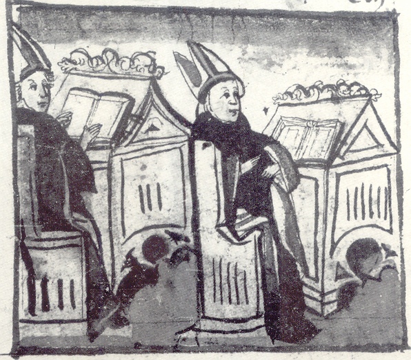 Agostino revisiona le sue opere, immagine tratta dalla Vita sancti Augustini