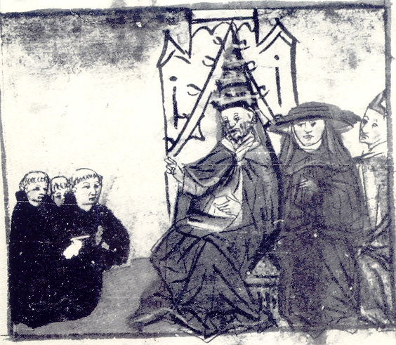 Giovanni XXII con l'approvazione dei cardinali affida il corpo di Agostino agli Eremitani, immagine tratta dalla Vita sancti Augustini