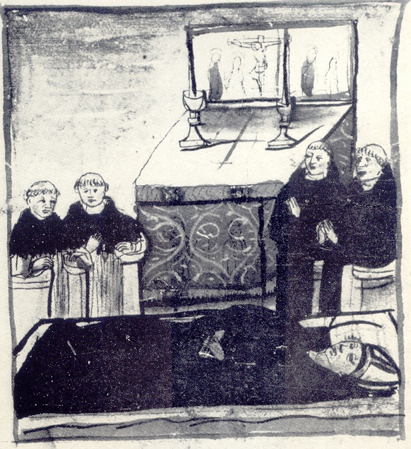 Canonici Regolari ed Eremitani celebrano insieme l'Ufficio funebre davanti al sepolcro, immagine tratta dalla Vita sancti Augustini
