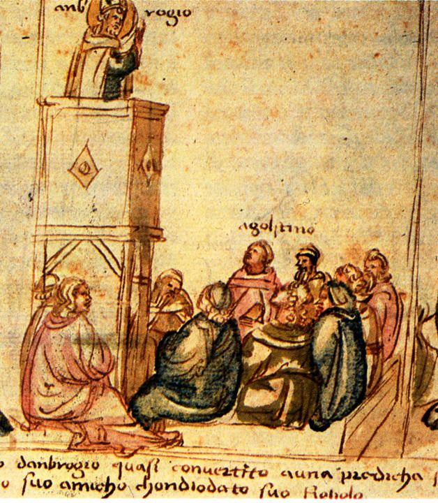Agostino ascolta le prediche di Ambrogio e geme con Alipio e Nebridio