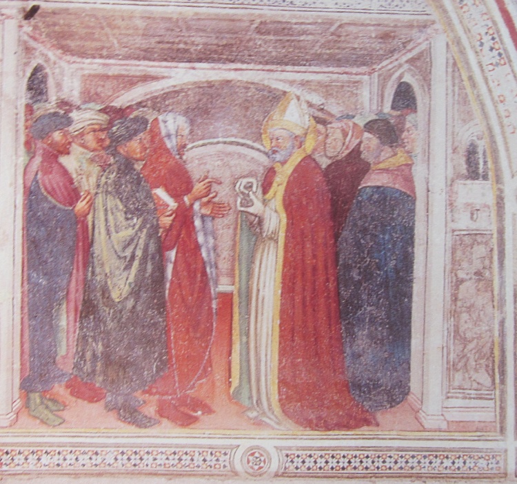 Agostino discute con Ambrogio: affresco di Ottaviano nelli a Gubbio