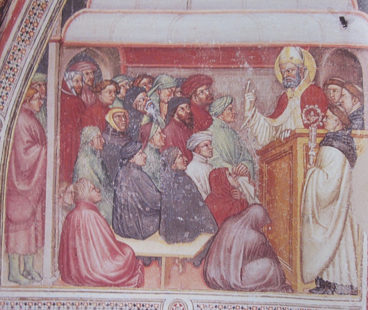 Agostino ascolta con Alipio le prediche di Ambrogio: affresco di Ottaviano nelli a Gubbio